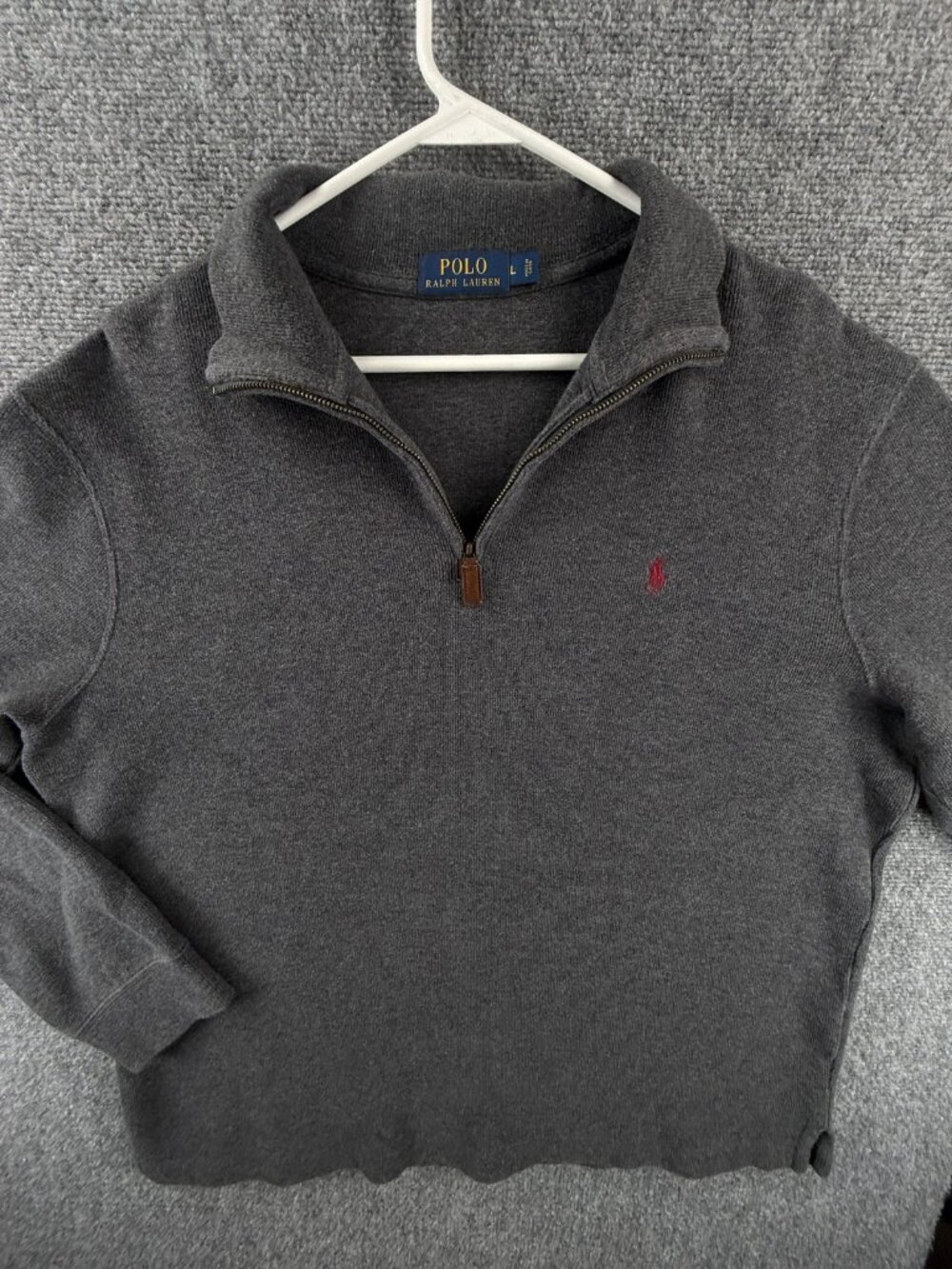 Polo Ralph Lauren Gray 1/4 Zip Pullover Knit Sweater Large Cotton Purple Pony